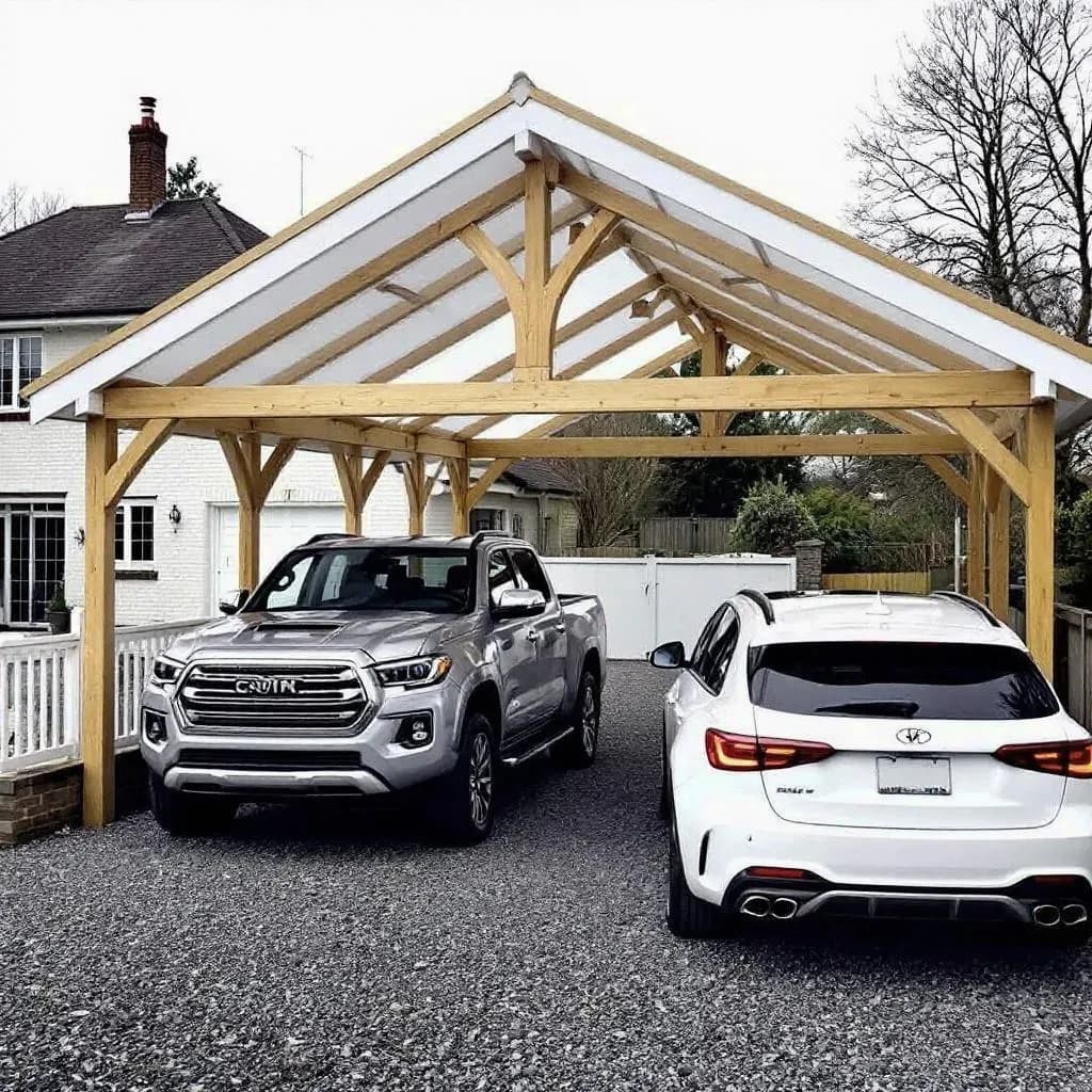 Навес Timber Frame для двух автомобилей 30 м² во Всеволожске — двускатная крыша, GL24h