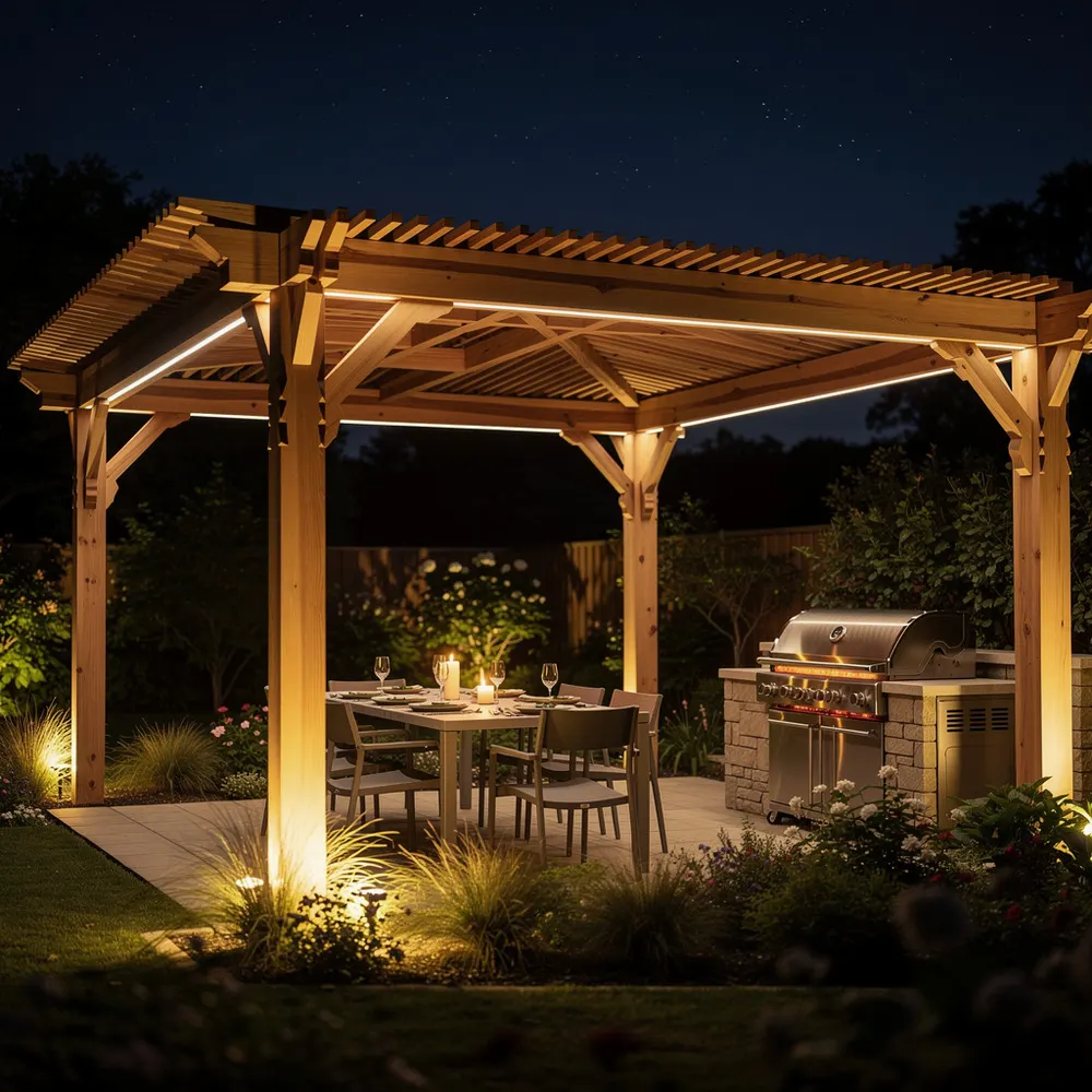 Пергола вечером с LED-освещением