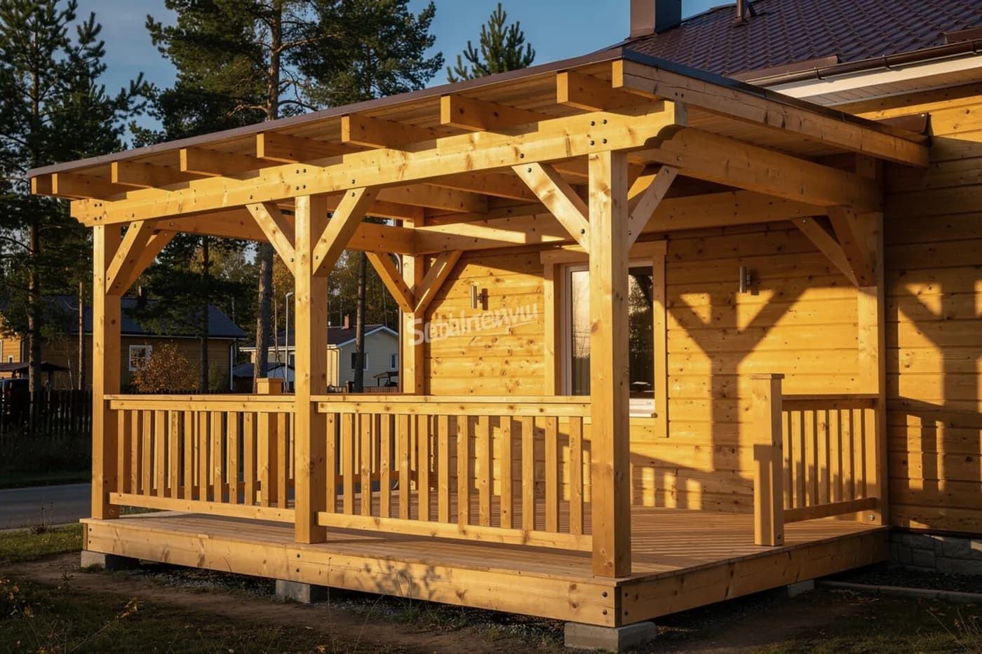 Терраса Timber Frame 20 м² в Комарово — компактная, GL24h лиственница, открытый каркас