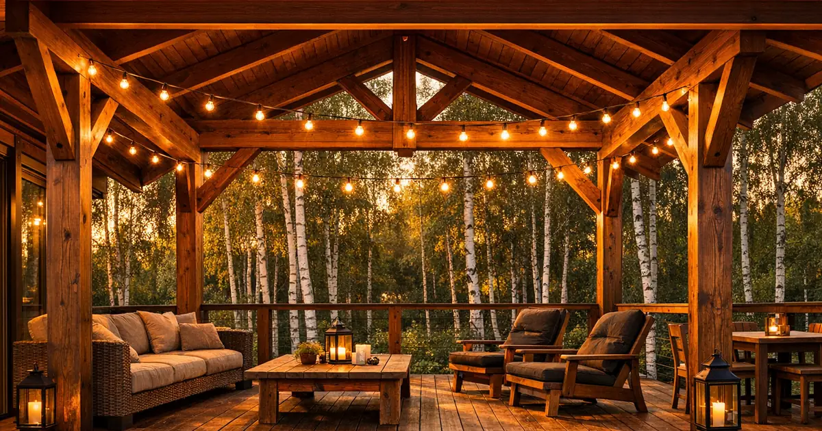 timber frame терраса фото — готовый проект с видимым каркасом из клеёного бруса, вечернее освещение