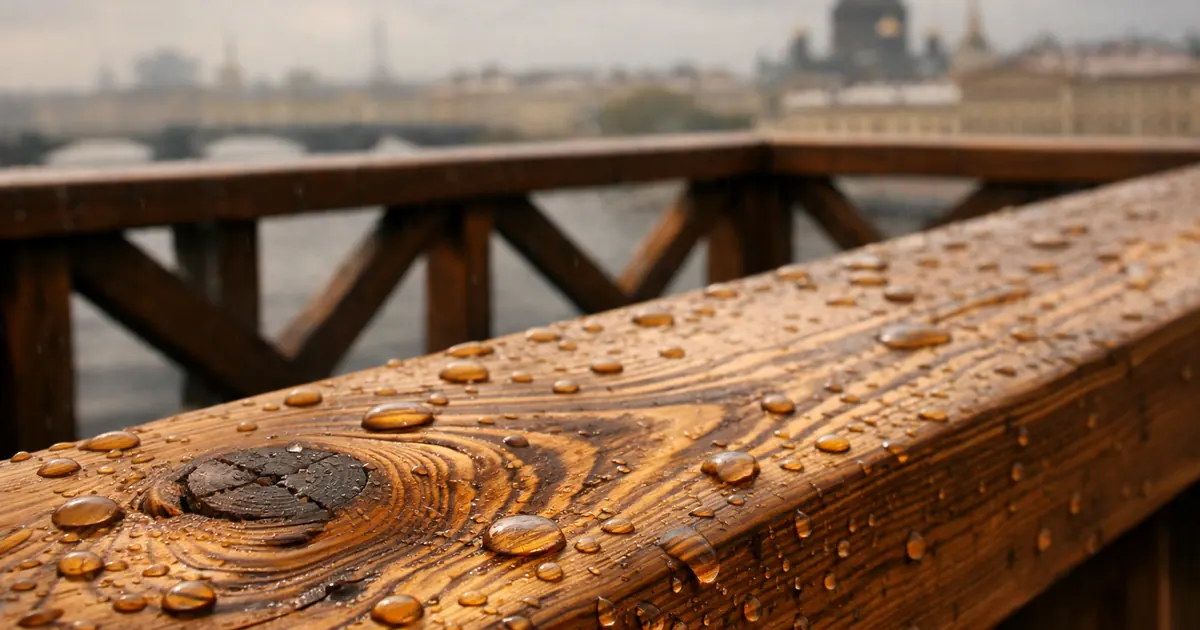 лиственница свойства — капли дождя на террасной доске, Петербург