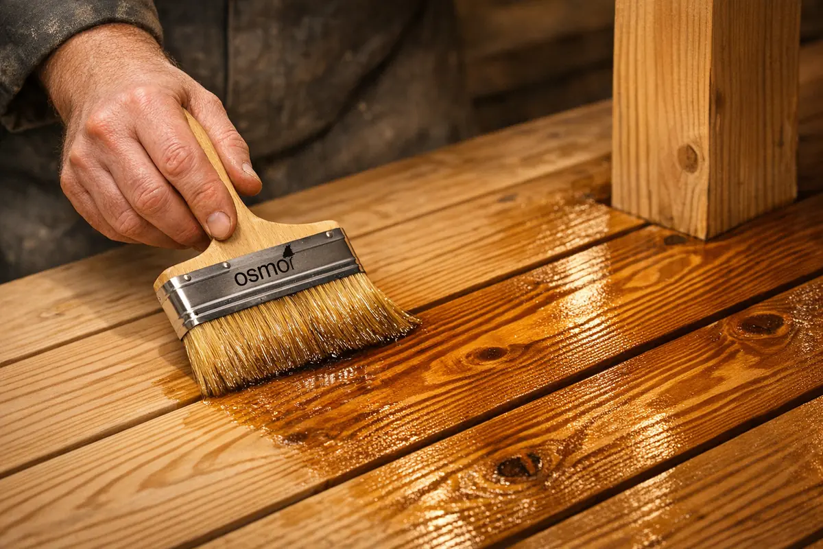 дерево терраса обработка маслом — нанесение Osmo на лиственницу кистью