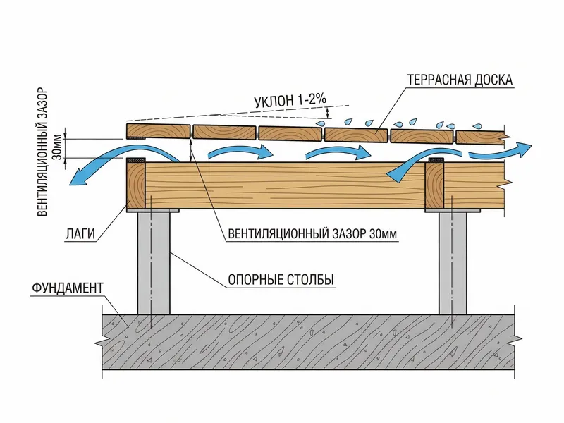 вентиляция террасы — зазор 30 мм и уклон для стока воды