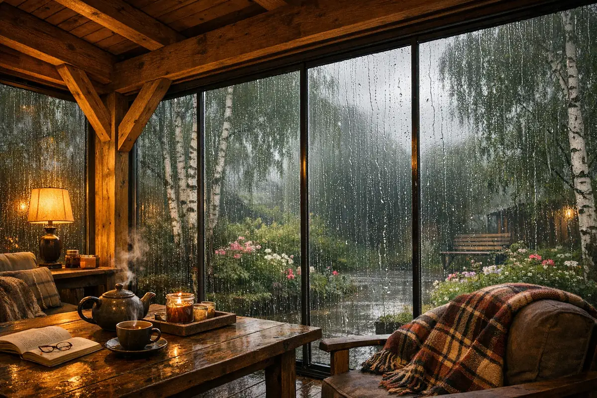 Стеклянная терраса в СПб — вид на сад через панорамное остекление в дождливый день