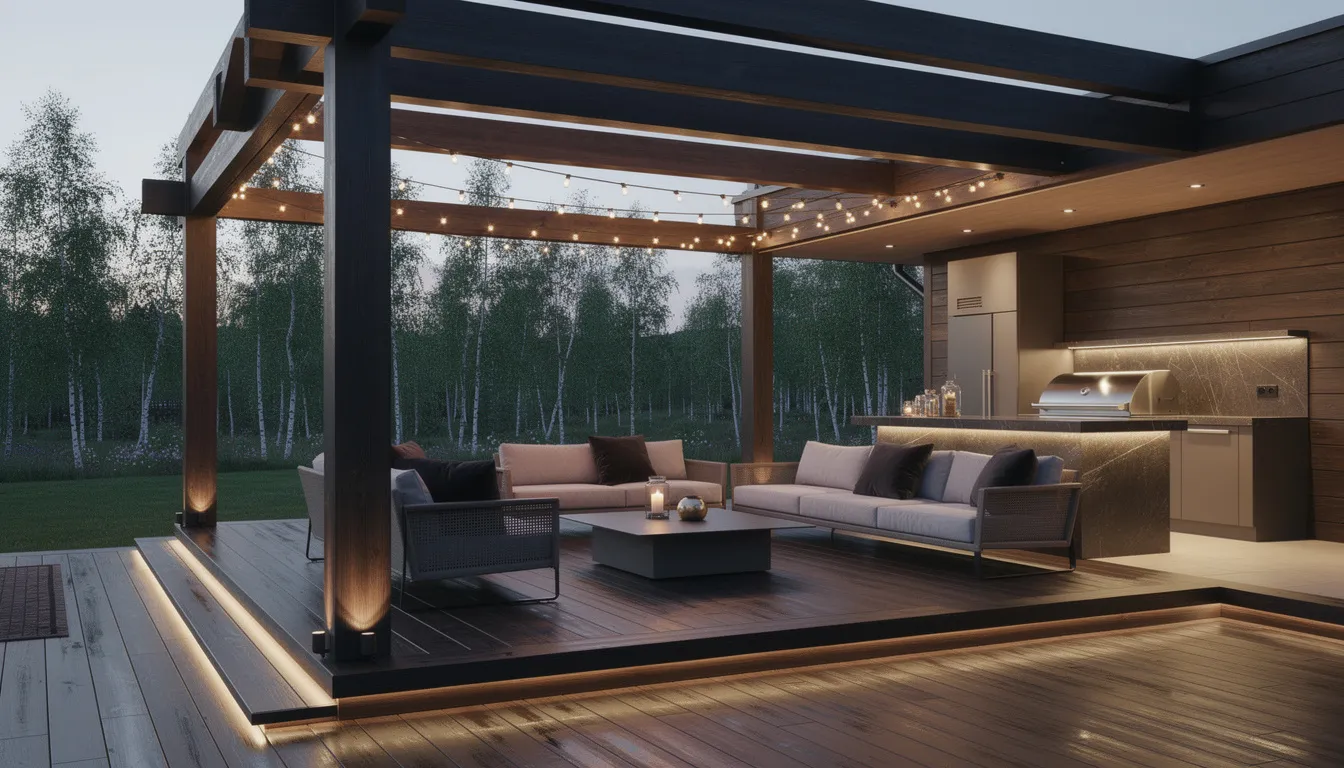 Дизайн террасы в СПб — встроенная подсветка и зона барбекю